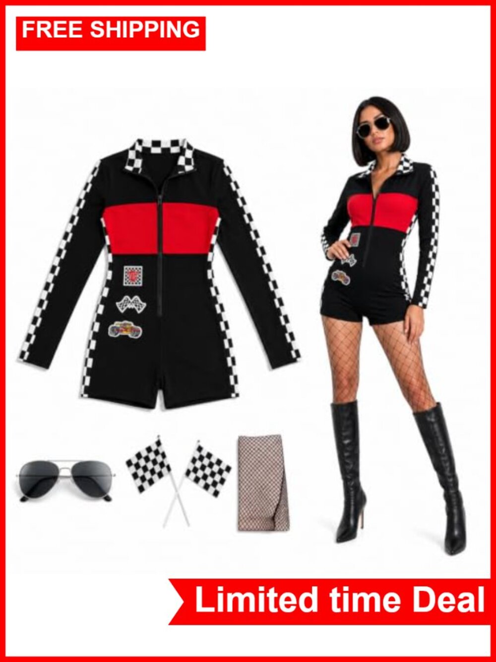Women's Racer Jumpsuit Halloween Costume with Checkered Flags